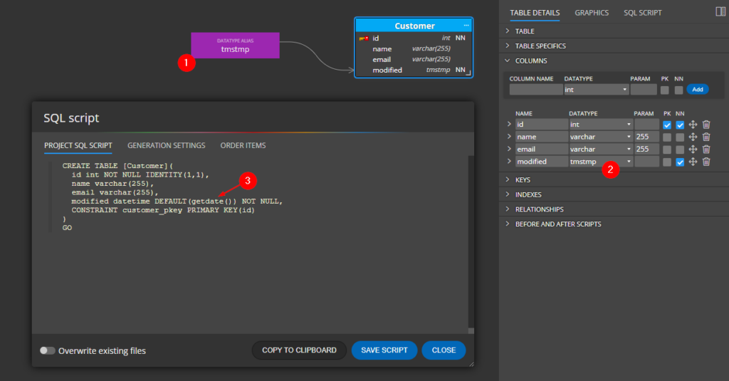 Timestamps: DateTime with getDate() default value using a custom datatype alias.