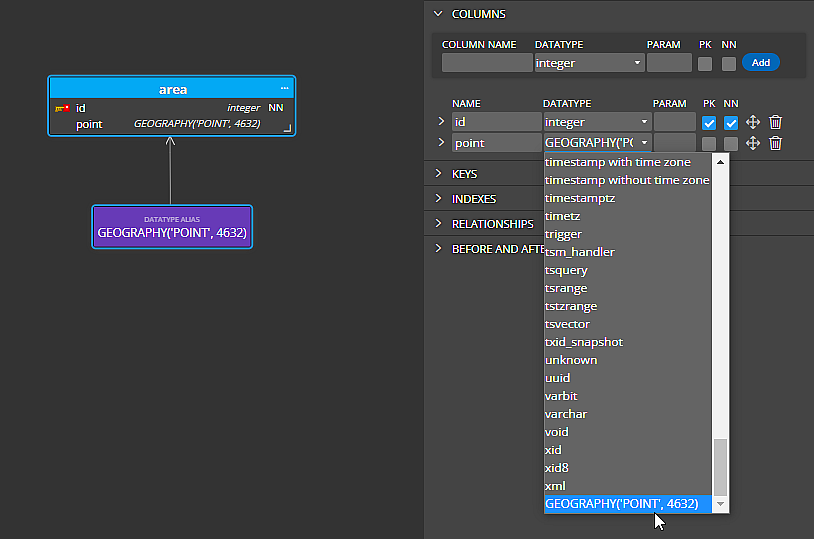Data type alias - selection in side panel