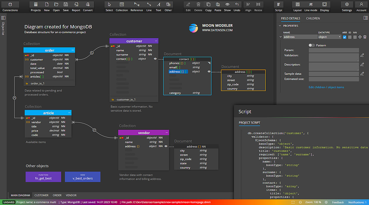 Diagram for MongoDB made with Moon Modeler