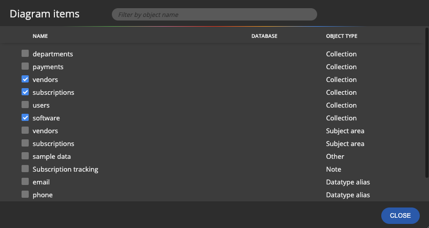 Modal form with a list of items on a diagram in Moon Modeler.