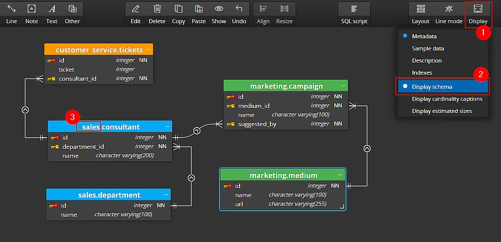 Display schema option in Luna Modeler - ERD creator for PostgreSQL