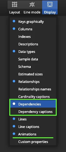 Main toolbar and the possibility to display or hide all dependencies, dependency captions and animations.