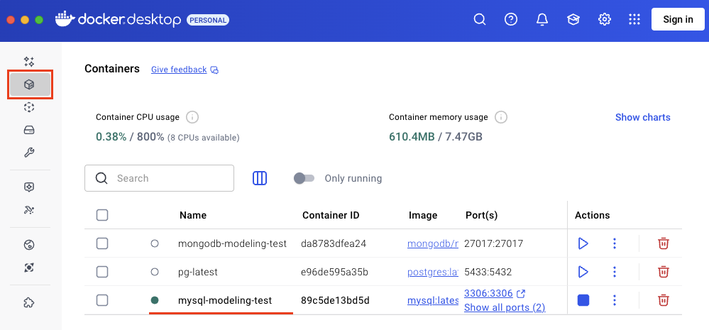 MySQL container running in Docker Desktop.