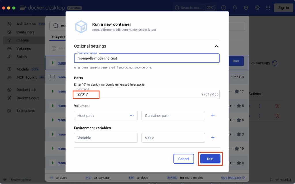 MongoDB container in Docker Desktop - a form showing optional settings