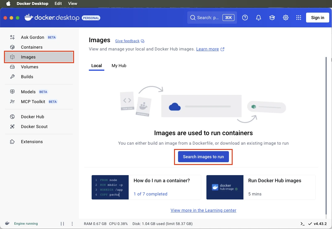 Docker Desktop main dashboard showing the Search images to run button for launching containers