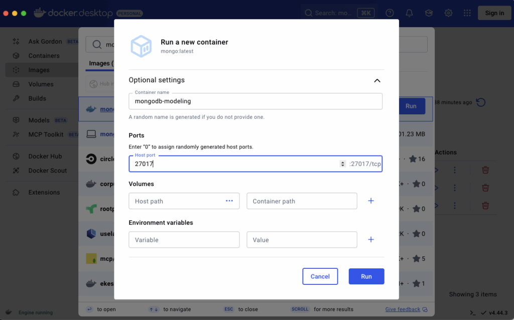 MongoDB container in Docker Desktop - a form showing optional settings