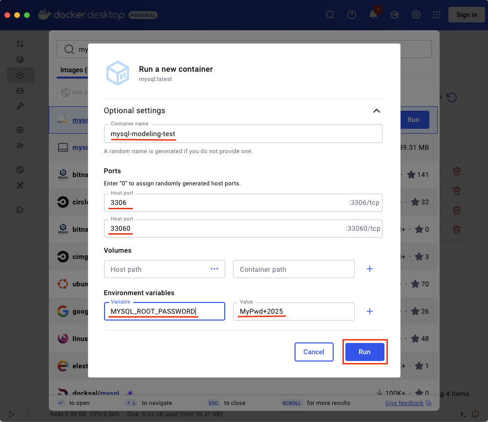 Optional settings defined for MySQL container in Docker Desktop