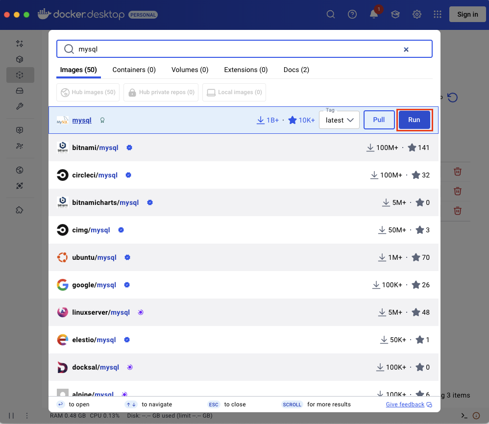 Search for a mysql image in the Docker Desktop tool.