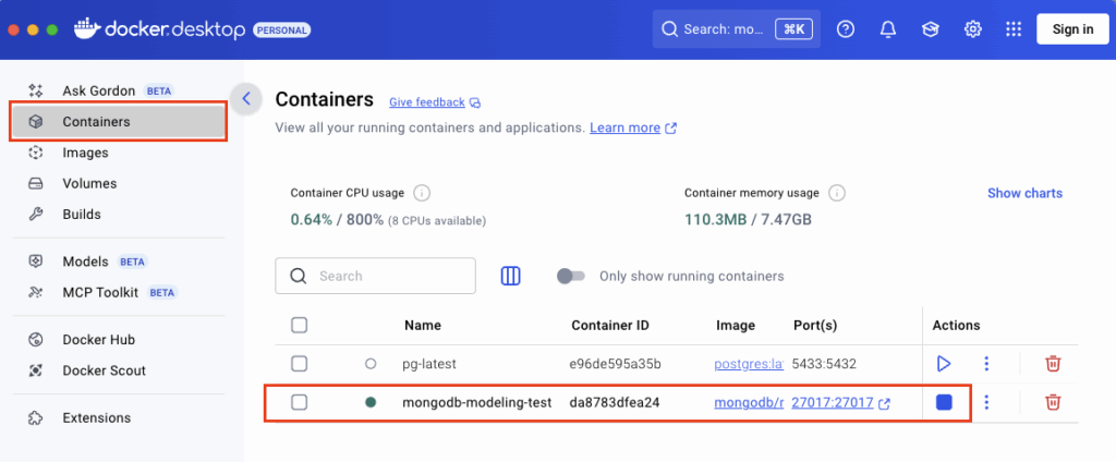 Running MongoDB container in Docker Desktop