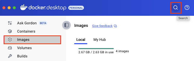 Docker Desktop showing the Images tab and the Search button in the top panel.