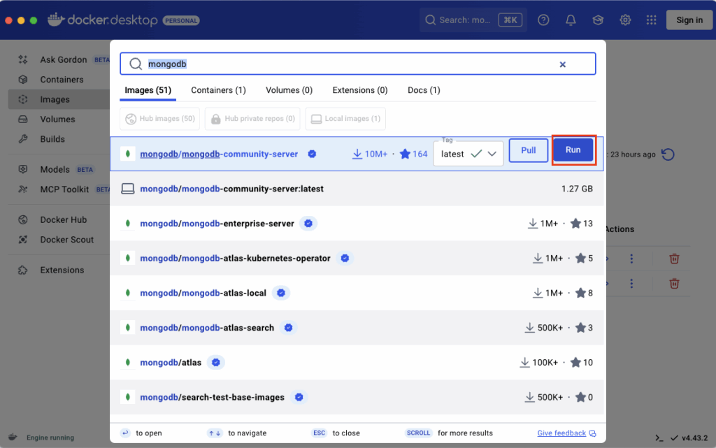 Docker Desktop with a list of available mongodb images.