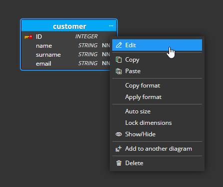 Edit database entity via context menu