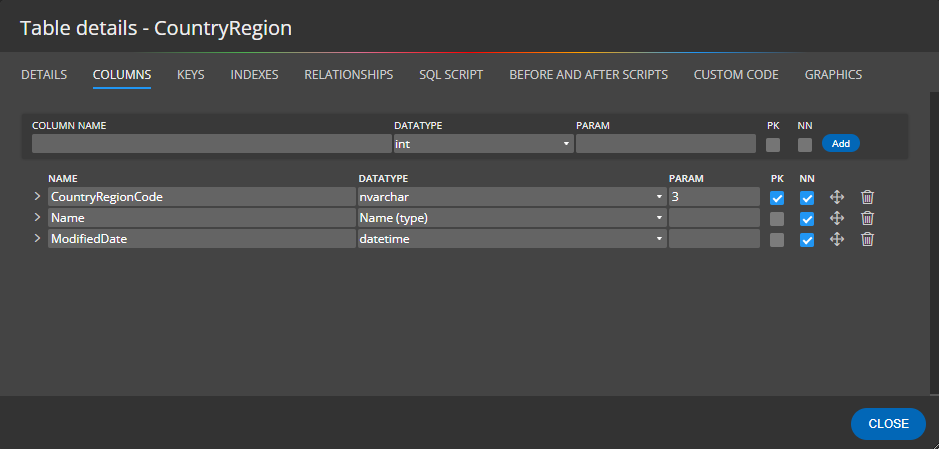 Modal form showing table properties