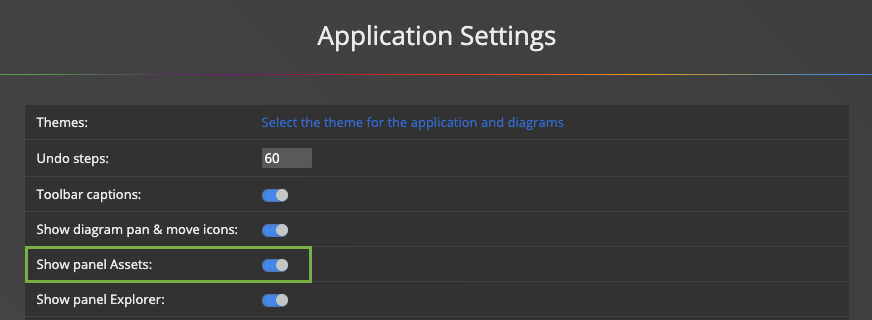Application settings and option to show or hide the Assets panel in Luna Modeler