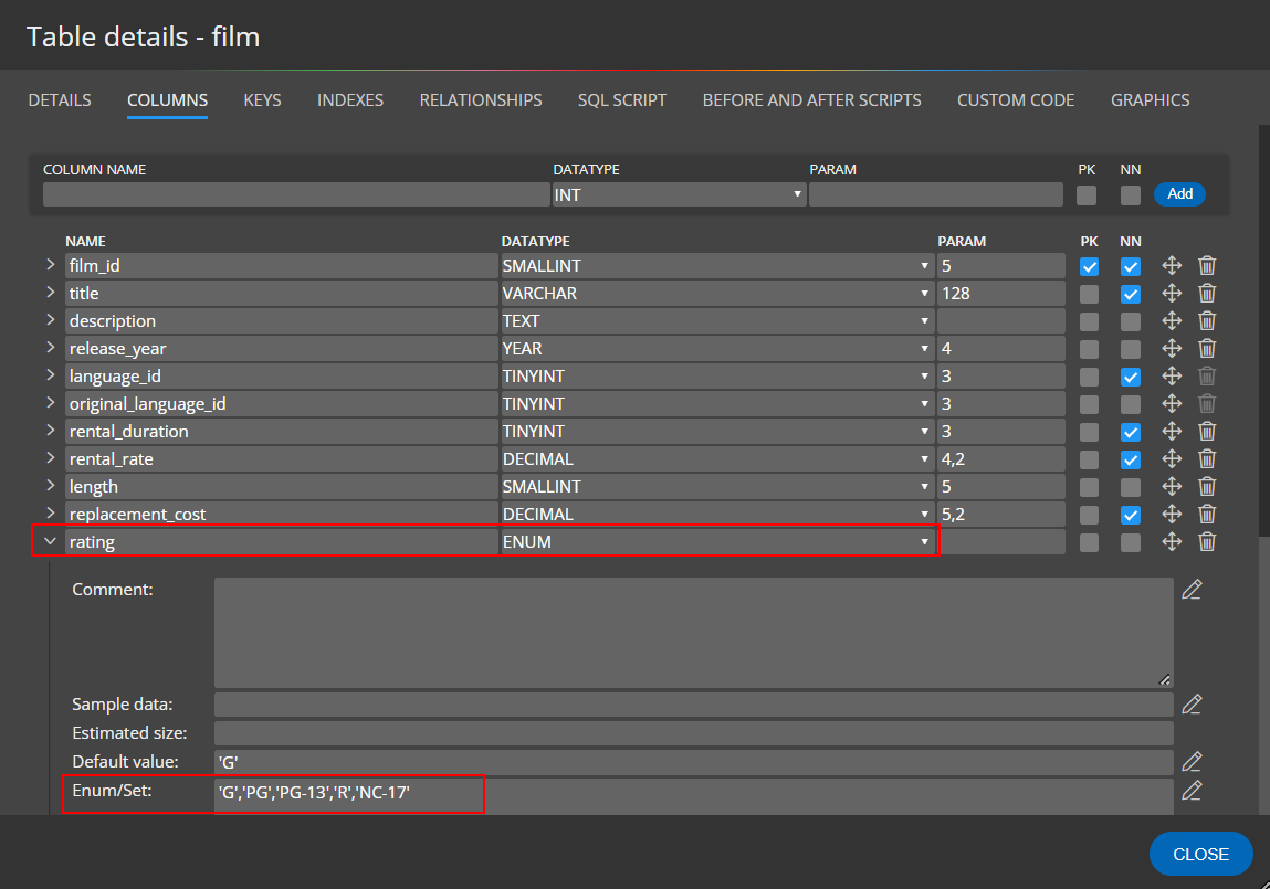 Enum and Set in MariaDB project made with Luna Modeler