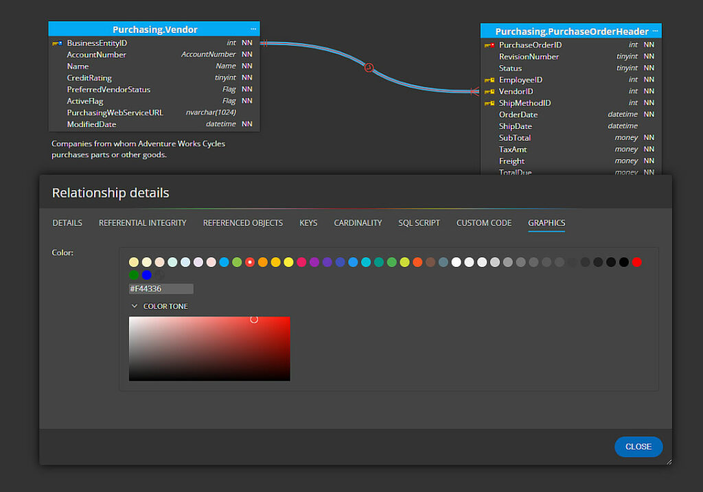 Relationship line color in Luna Modeler - database modeling tool