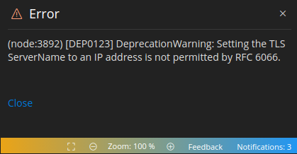 Deprecation warning - Setting the TLS ServerName to an IP address is not permitted