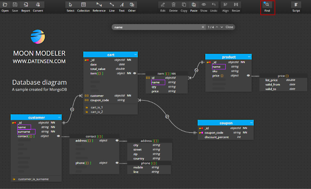 Search and find in Moon Modeler
