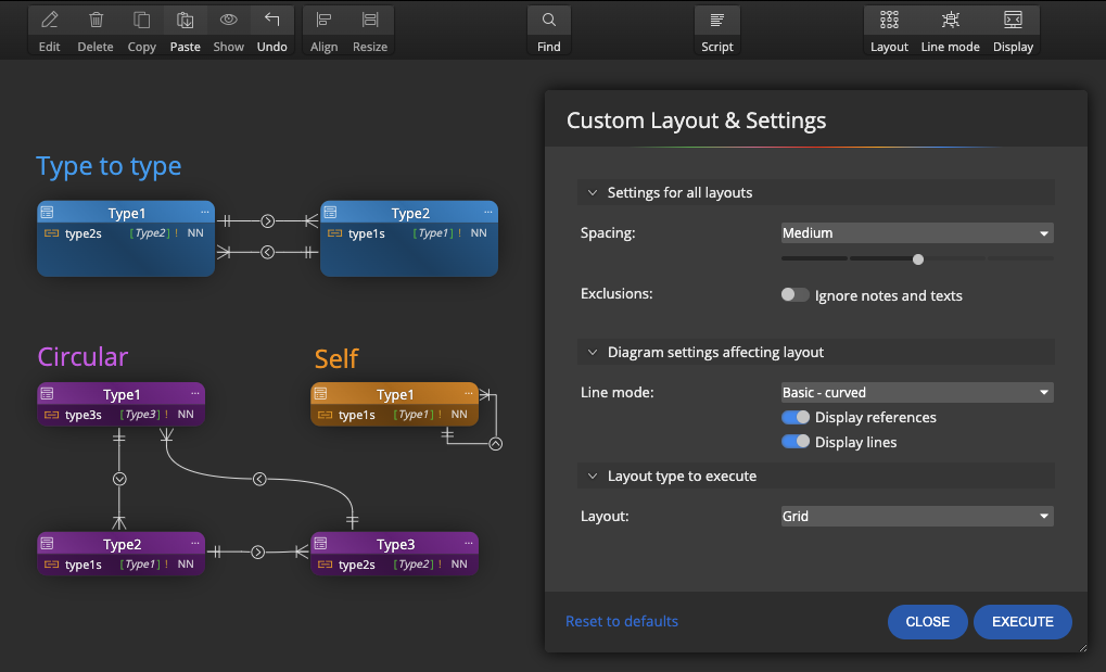Image showing the Custom Layout and Settings form in Galaxy Modeler - data modeling tool for GraphQL