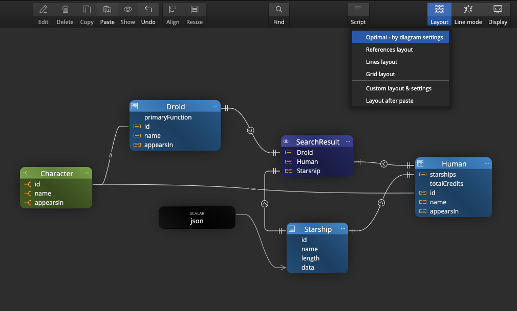 Galaxy Modeler - screenshot showing the new options for auto-layout elements in a data model