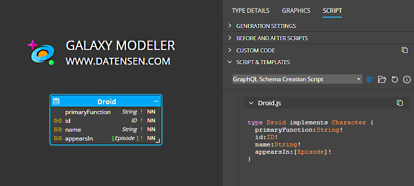 Galaxy Modeler - side panel with generated GraphQL script.