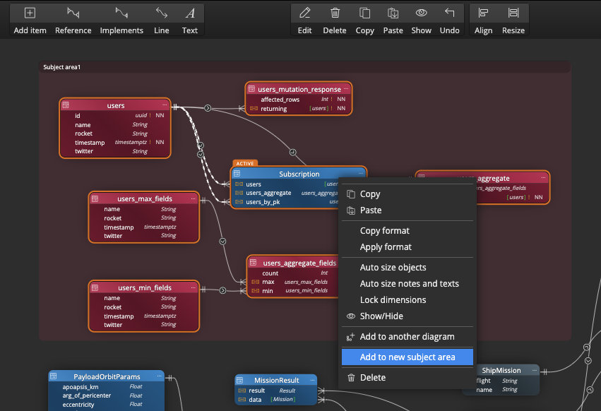 Part of the GraphQL data model showing the option to place selected objects in a new Subject Area.