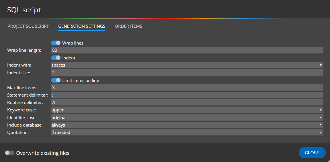 SQL Script generation settings