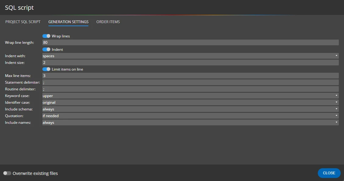 SQL script generation settings in PostgreSQL project