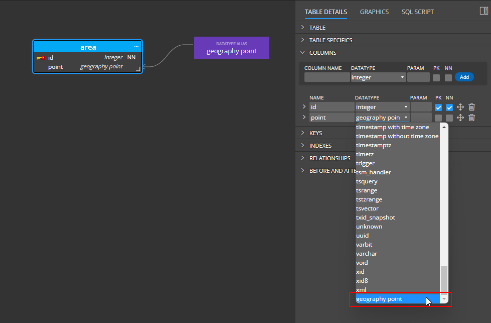 Data type alias - selection in side panel