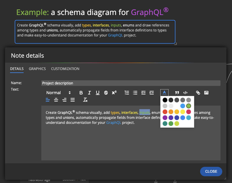 A graphQL diagram with notes and formatted texts.