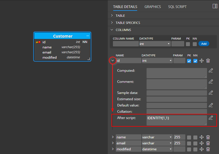 Identity Column for SQL Server defined in Luna Modeler database modeling tool.