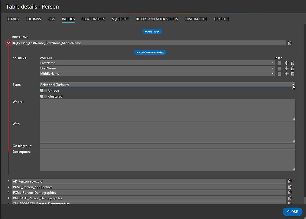 SQL Server indexes defined in Luna Modeler