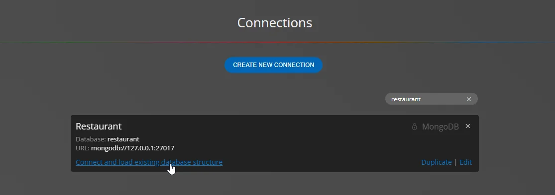 Load existing MongoDB database and show collections