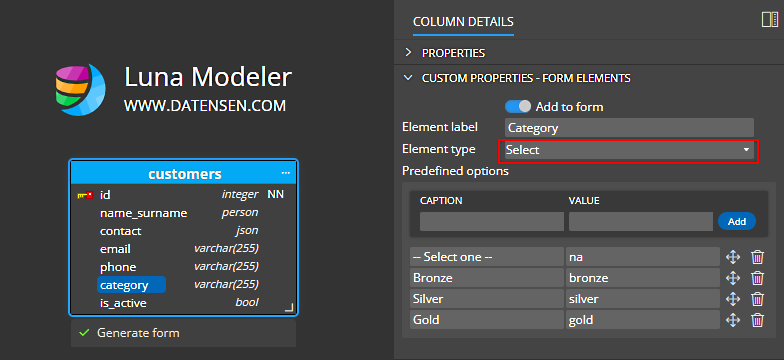 Custom properties and an example of advanced UI element with predefined options.