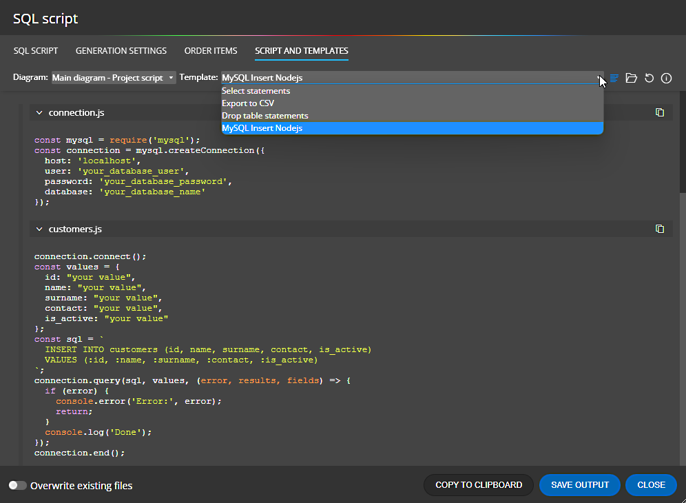 Luna Modeler and custom template selection for template-based generated scripts.