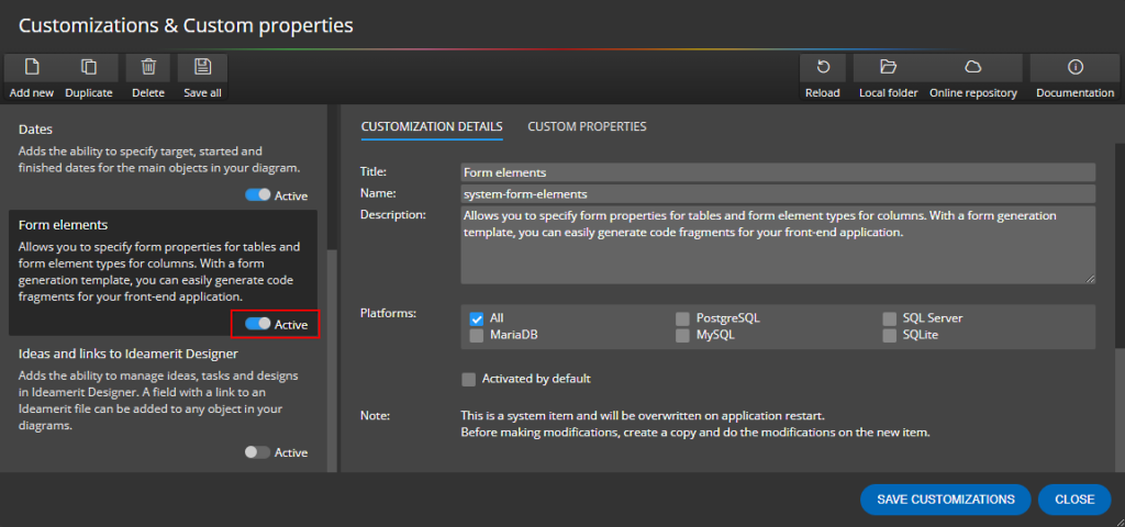 How to activate custom properties in a data modeling tool.