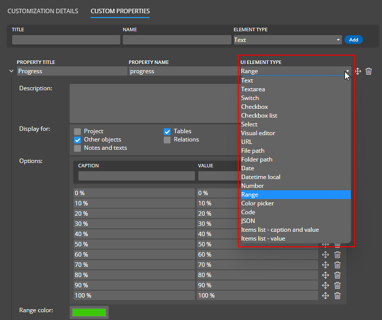 Luna Modeler and available UI element types for custom properties.