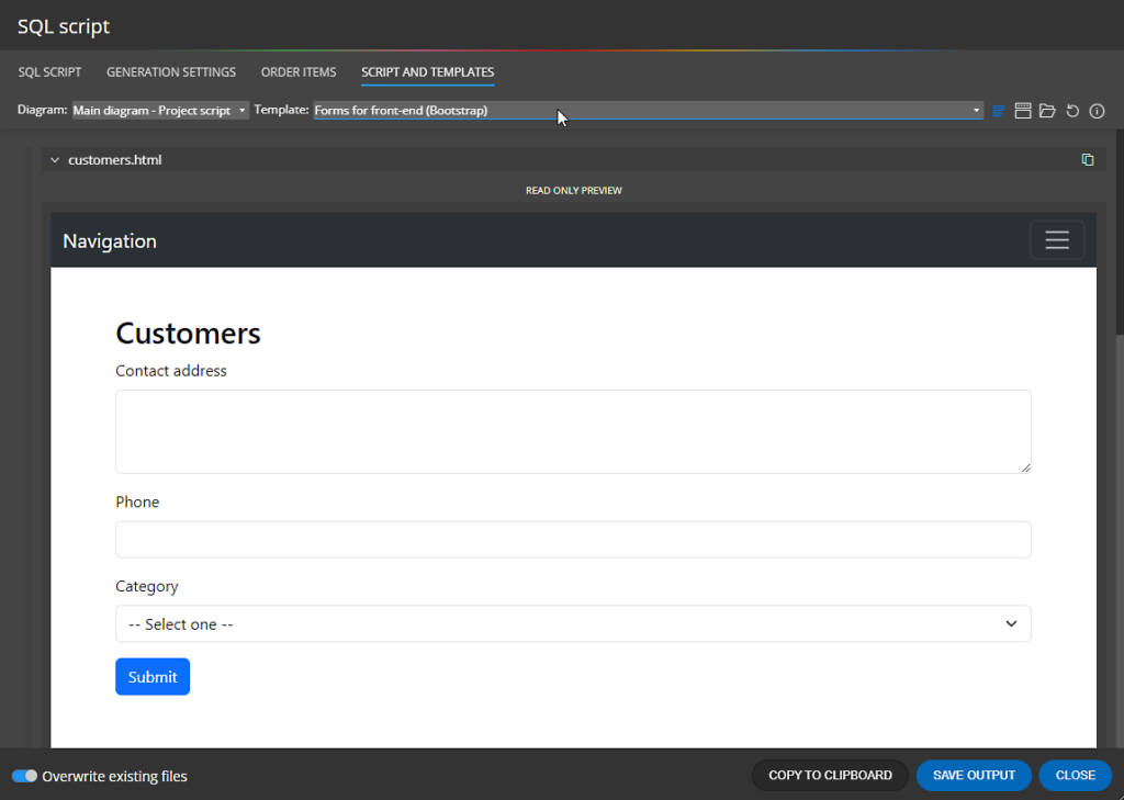 A form for database table generated by Luna Modeler