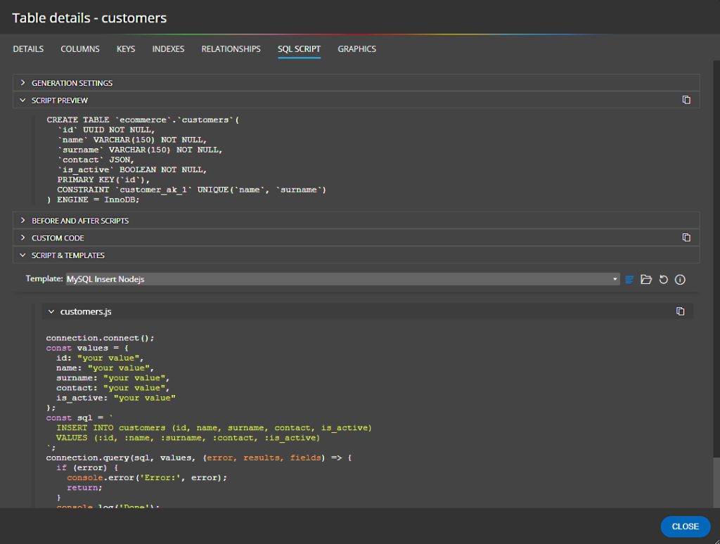 Object detail modal form in Luna Modeler with SQL script and custom output.