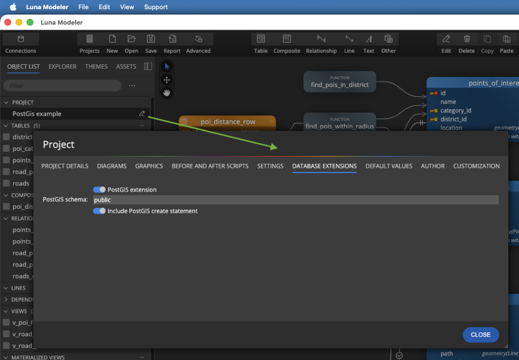 Luna Modeler and a modal form with section Database Extensions where PostGIS can be enabled for your PostgreSQL data modeling project.