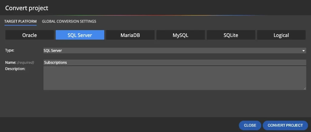 Target platform selection in Luna Modeler - for database schema conversion.