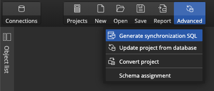 A screenshot of the Main toolbar that is available in Luna Modeler data modeling tool. The Advanced button expands a sub-menu with the Generate Synchronization SQL item.