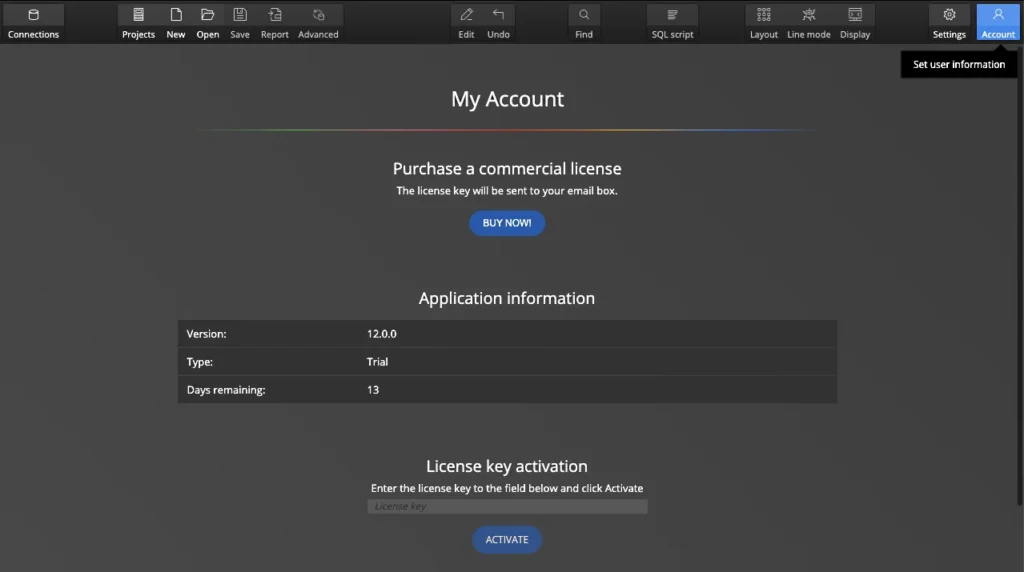 Account page in Luna Modeler.