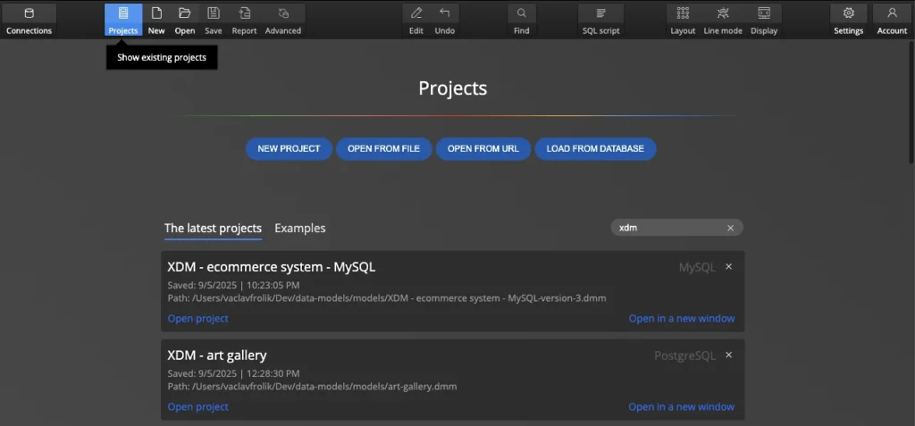 Projects page in Luna Modeler - showing a listing of recent data models created in the data modeling tool.