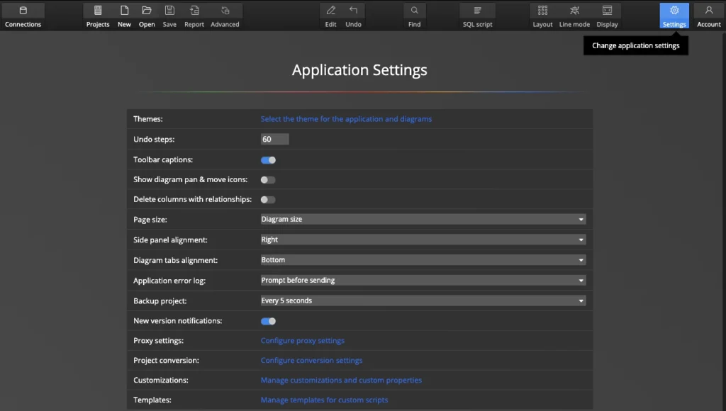 Page settings in the Luna Modeler UI.