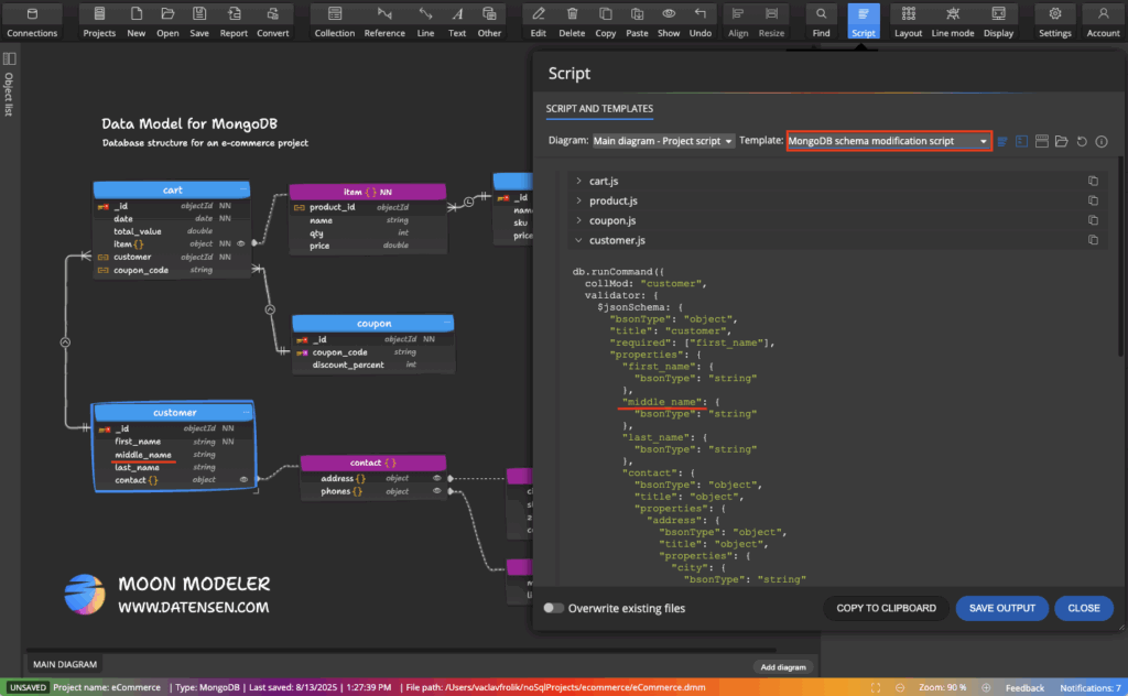 A screenshot of Moon Modeler showing a modified data model and diagram for MongoDB