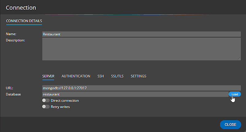 MongoDB connection form
