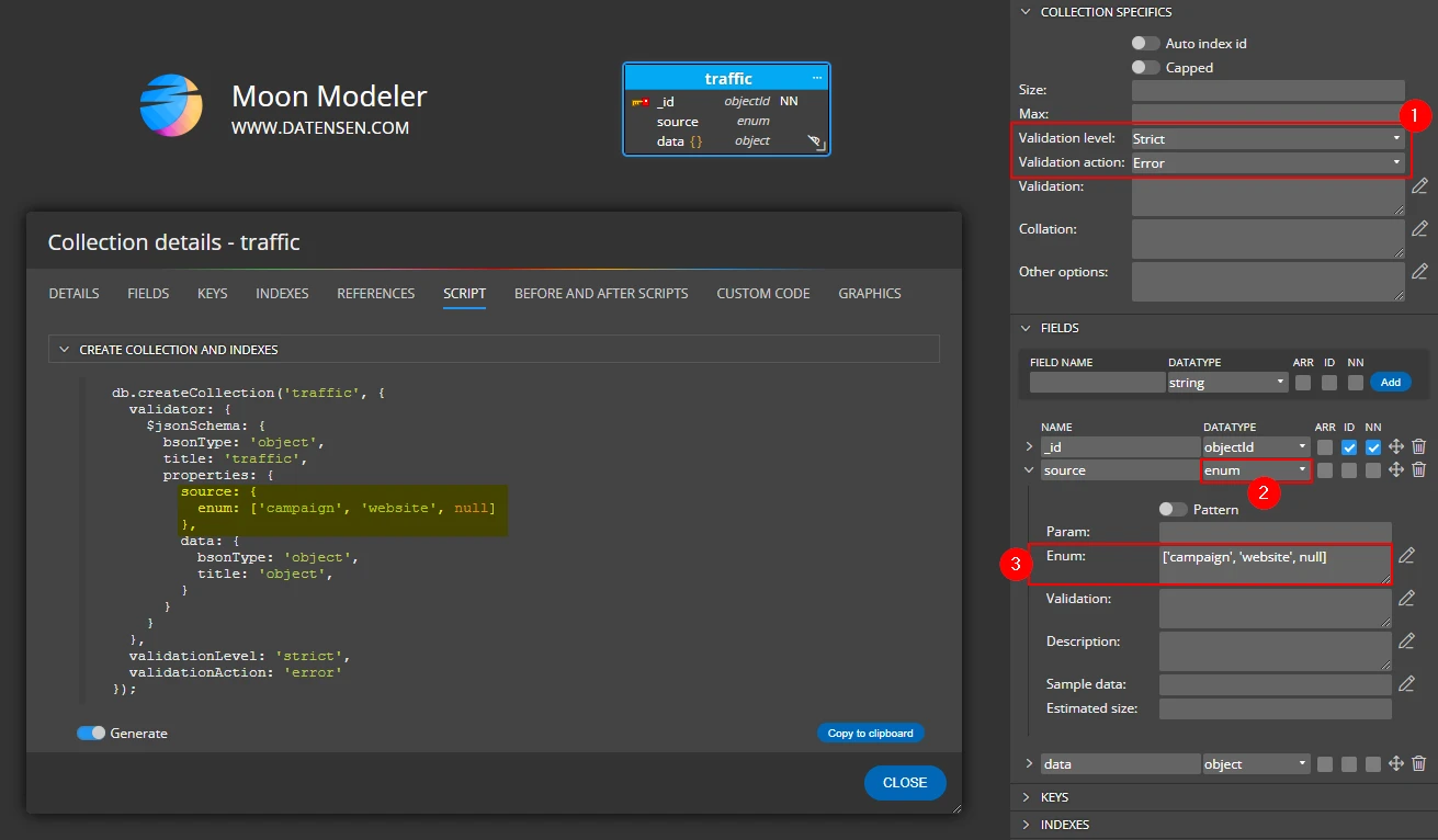 MongoDB Enum definition in Moon Modeler