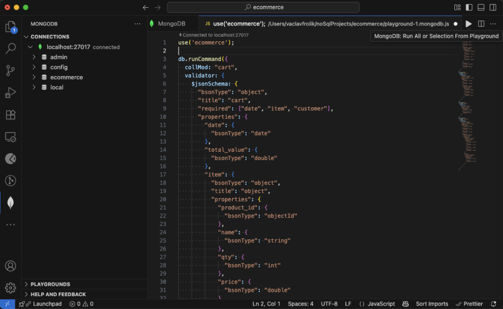 Execution of MongoDB modification scripts in Visual Studio Code.