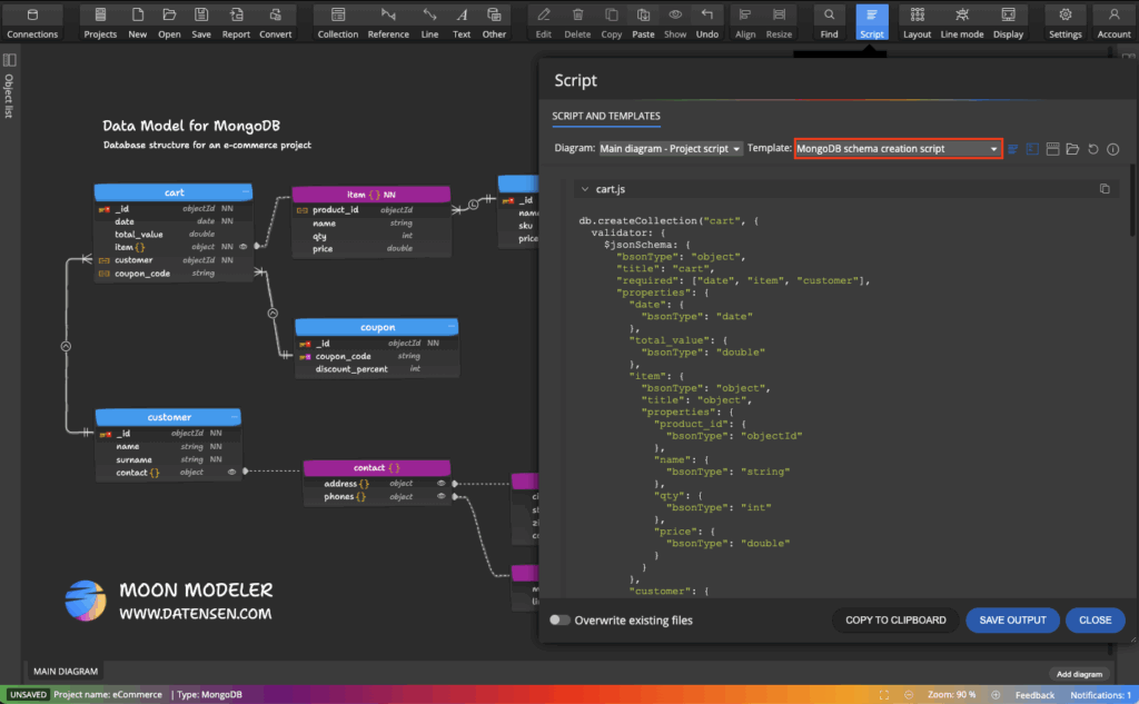 Screenshot of Moon Modeler displaying validation scripts generated from MongoDB data model.